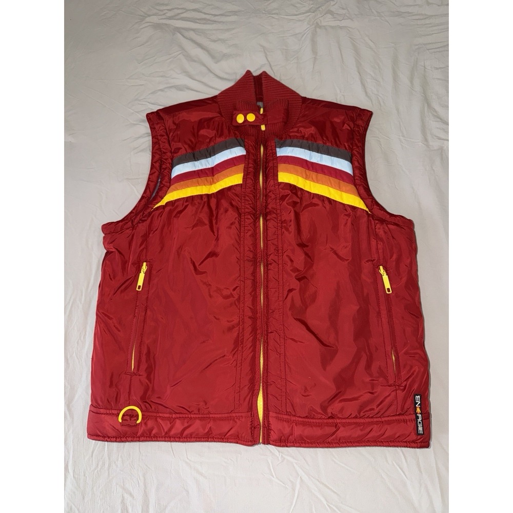 Energie Puffer Vest Mens L Red Burgundy Y2K Vintage Italian Ski Stripe Gilet 90s